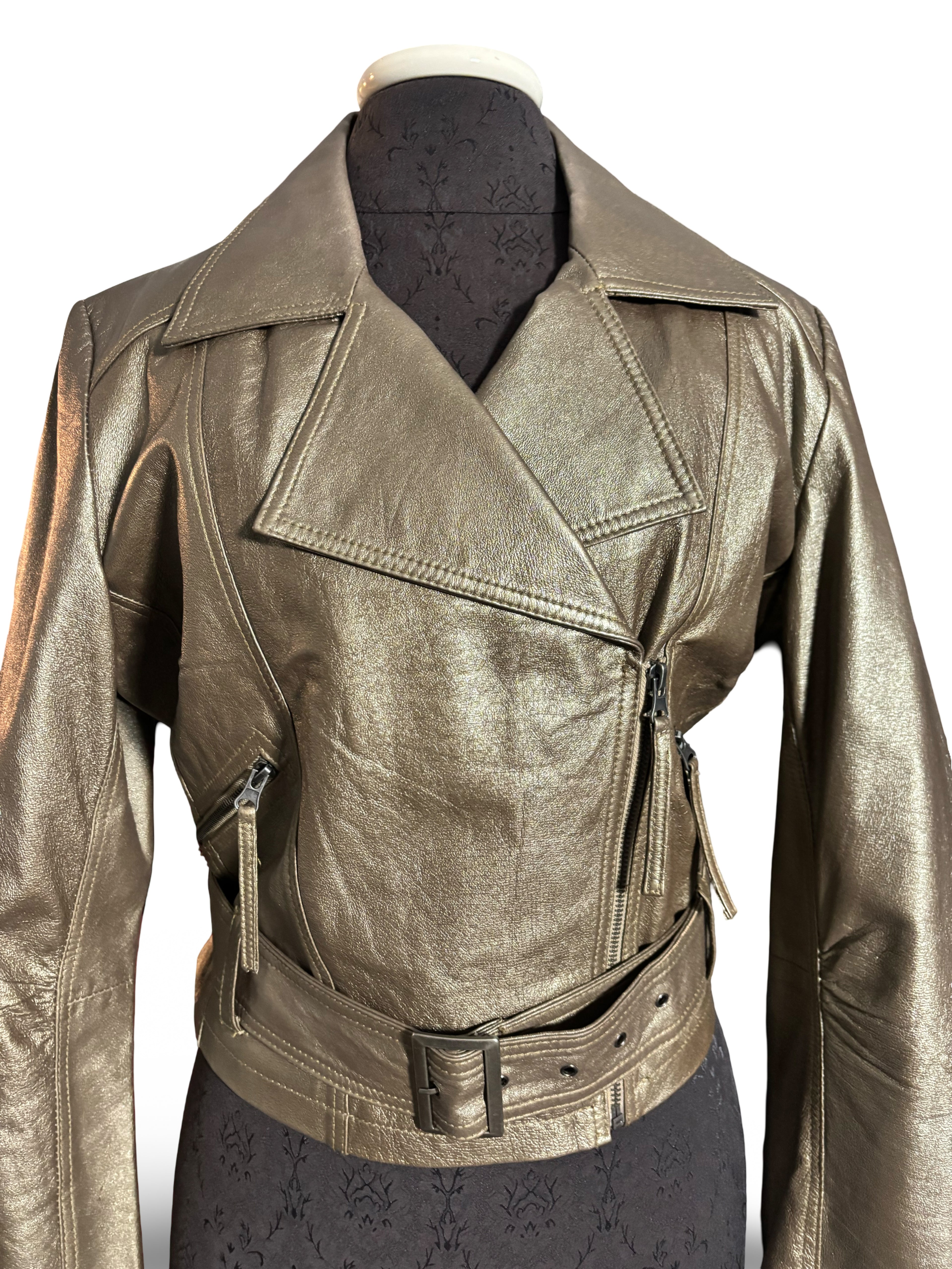 Relativity Gold Metallic Genuine Leather Jacket With Attached Belt