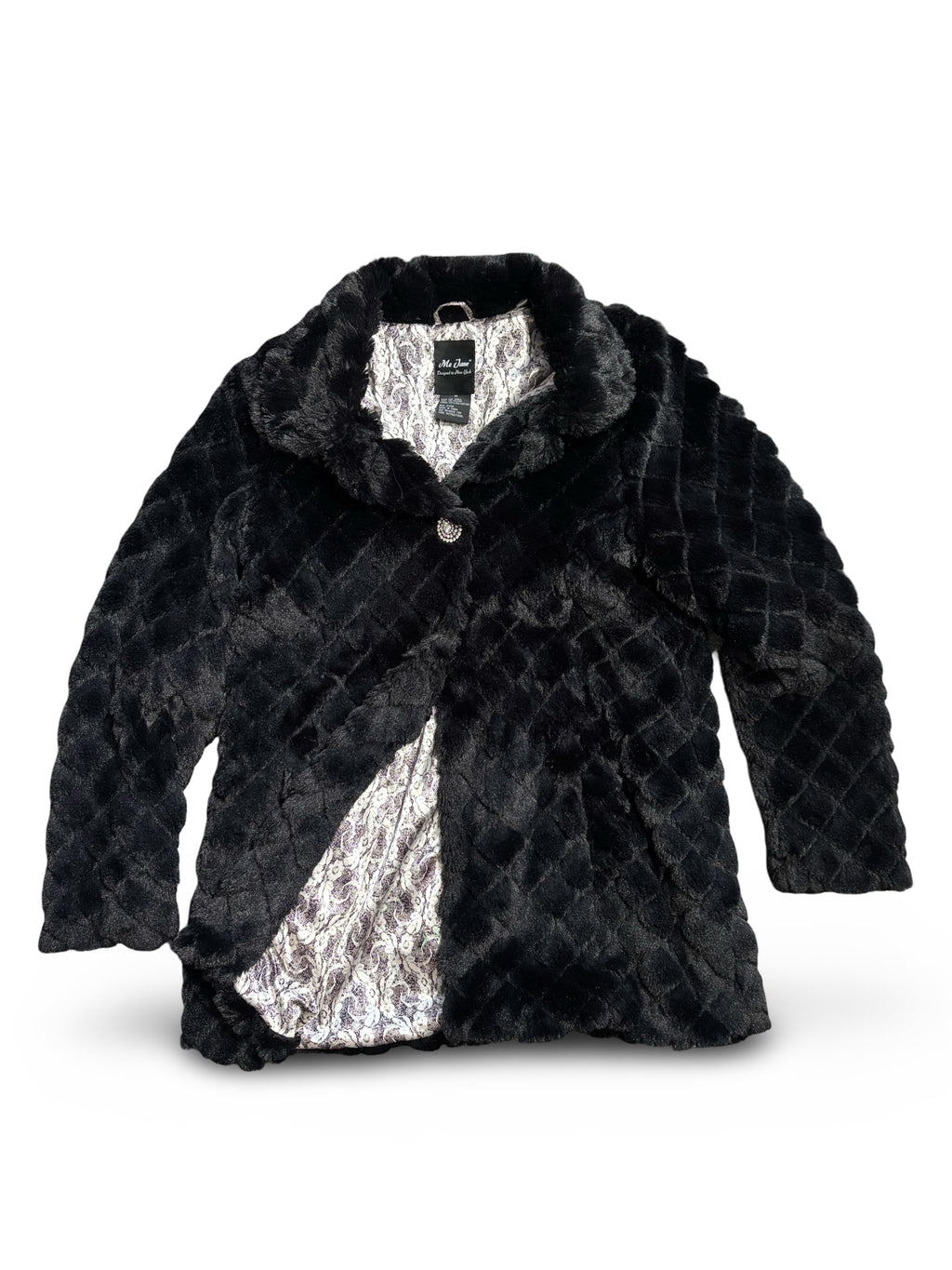 Faux Fur Coat With Patterned Lining & Button Closure