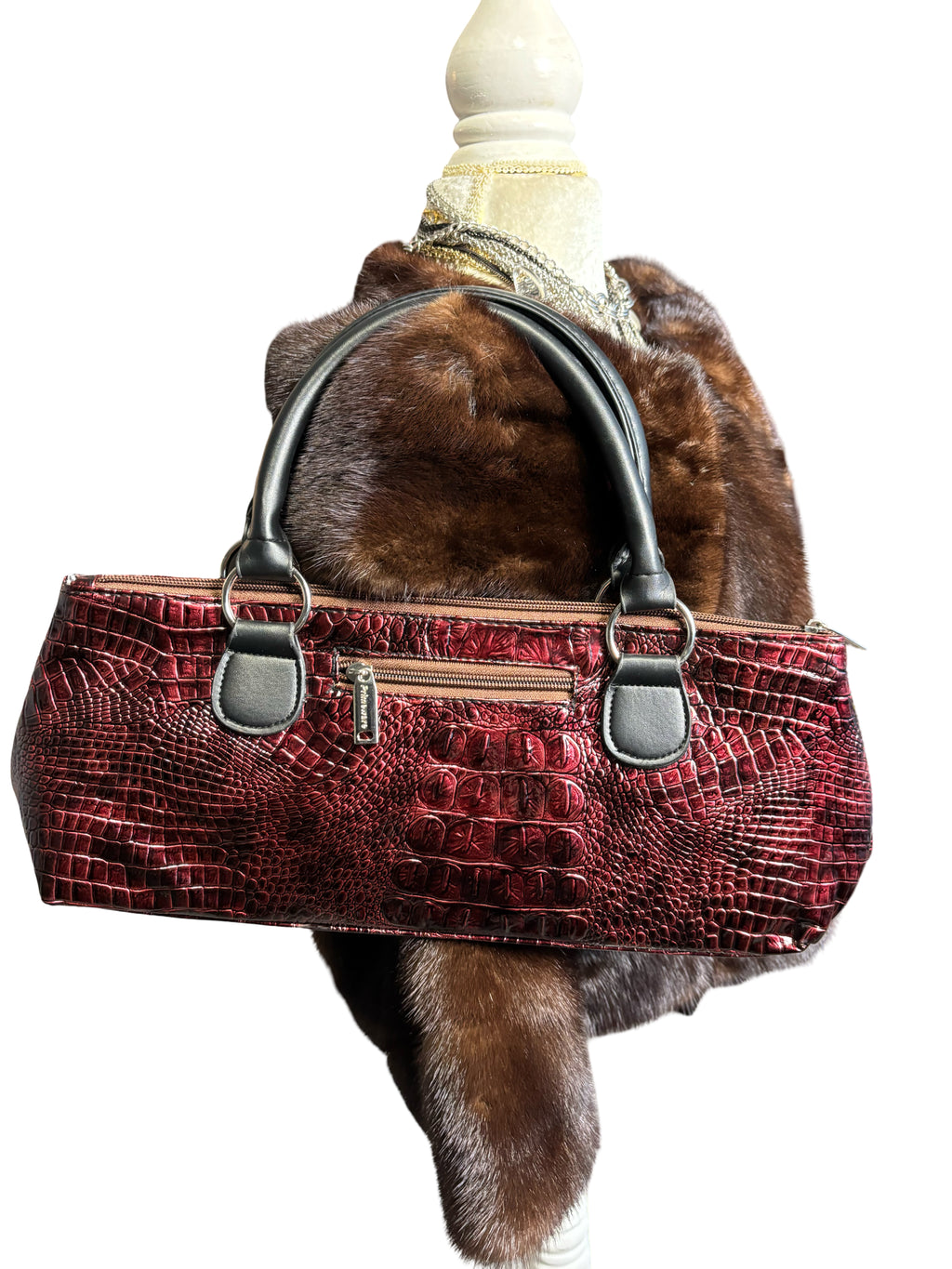 Red Leather Croc Print Shoulder Bag