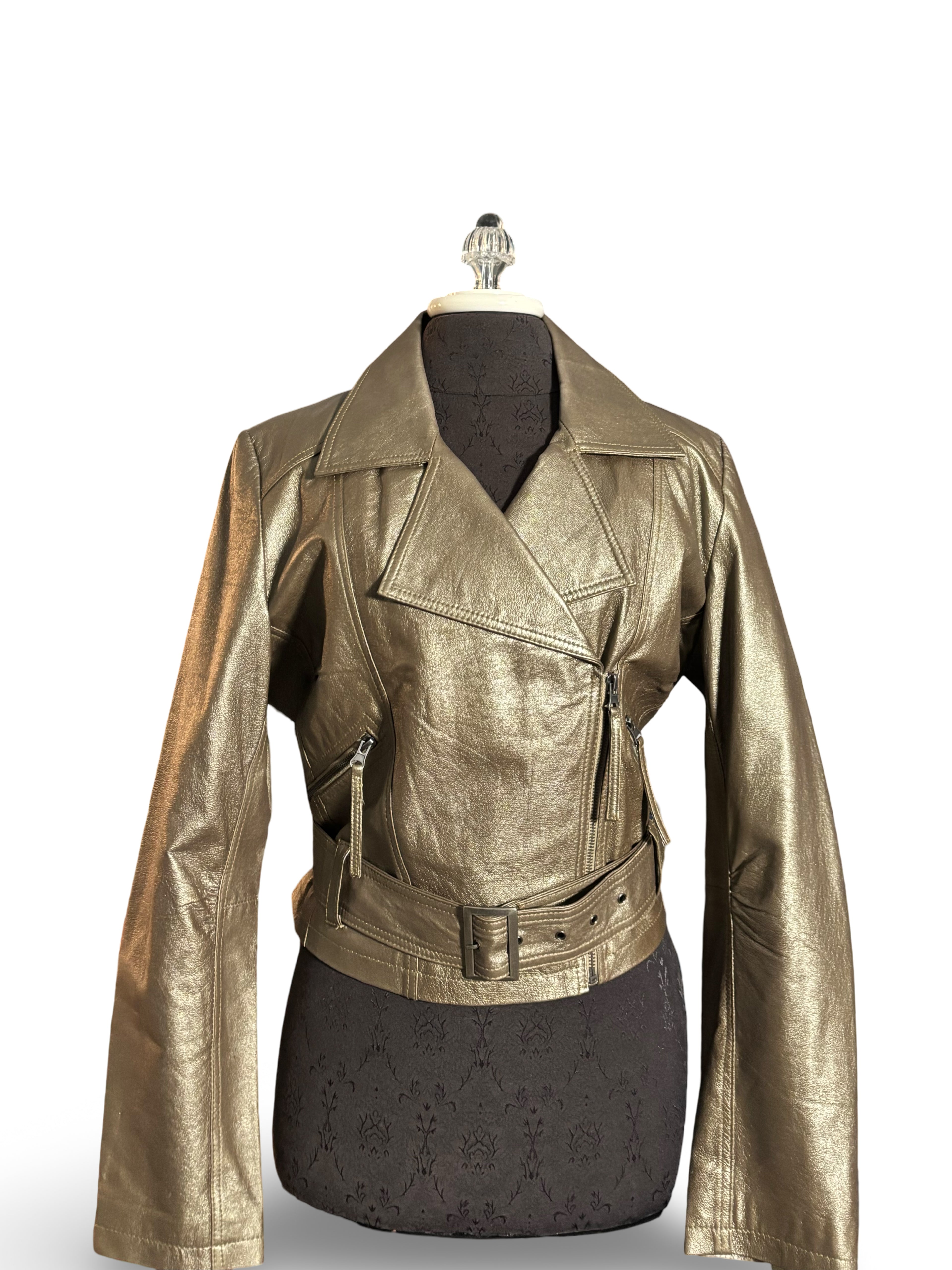 Relativity Gold Metallic Genuine Leather Jacket With Attached Belt