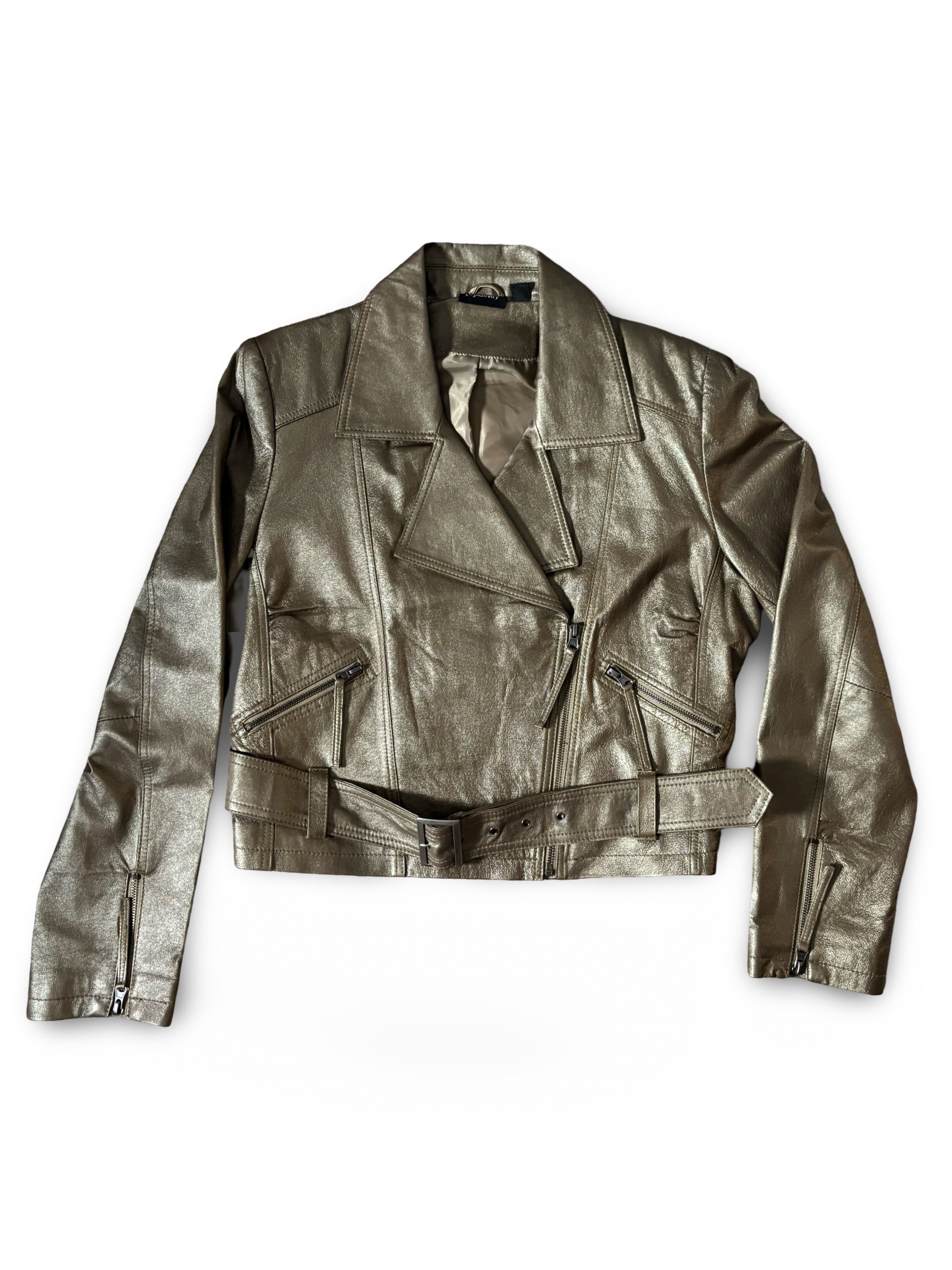 Relativity Gold Metallic Genuine Leather Jacket With Attached Belt