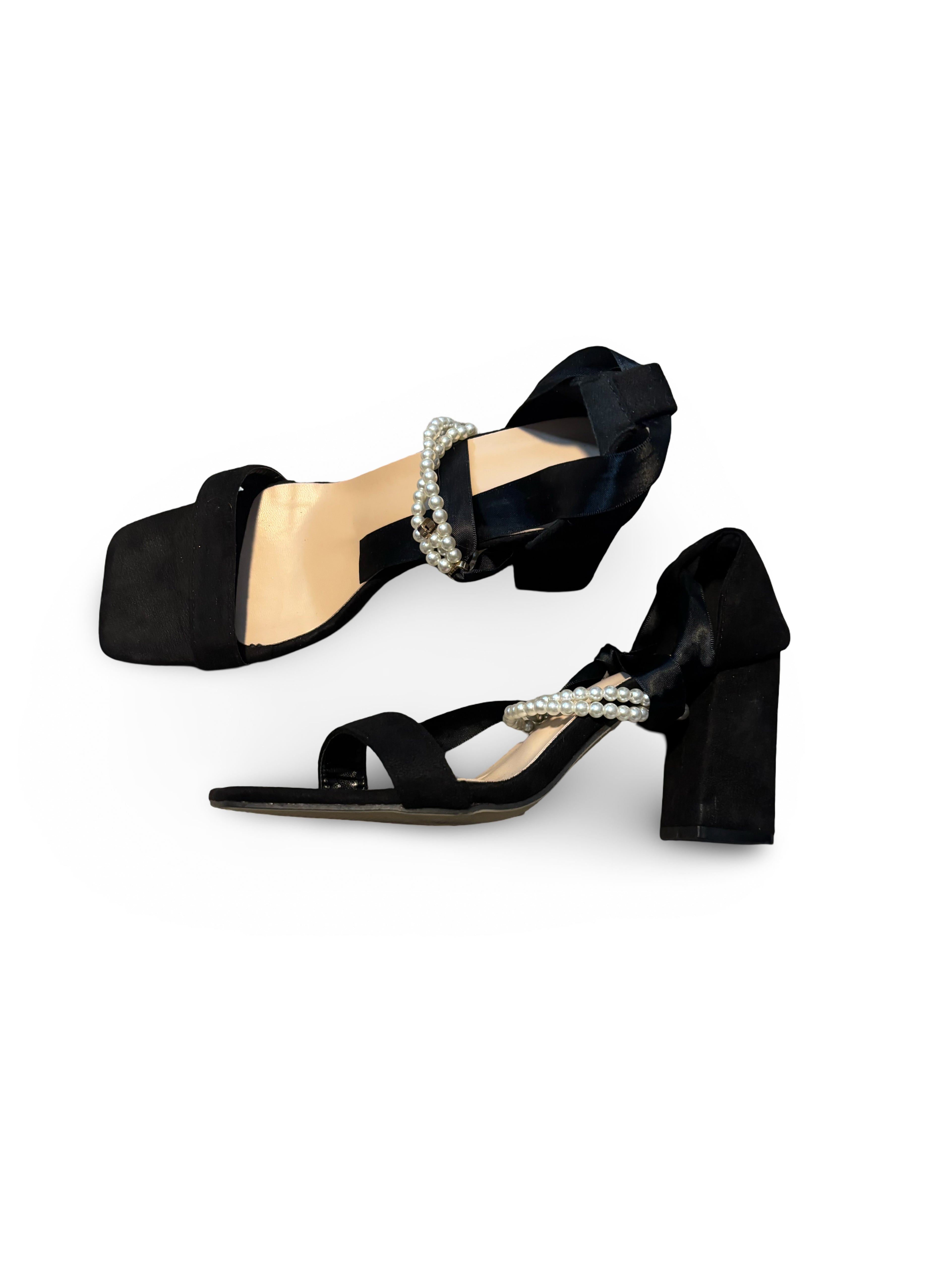 Black velvet Platform Heels With Pearl Accents